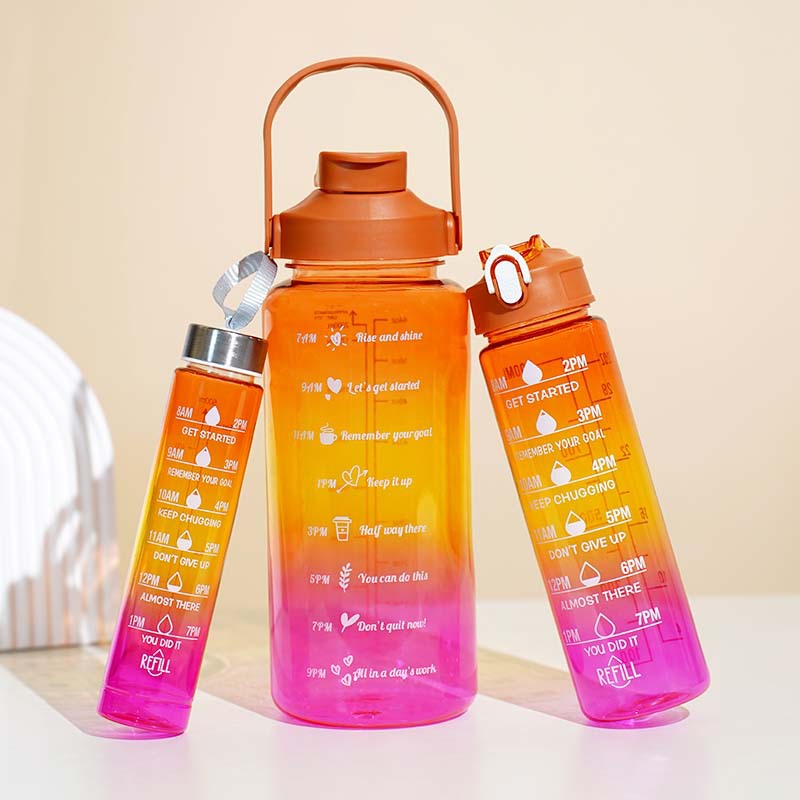 3 In 1 Gradient Color Motivational Water Bottles Set 64 Oz 32 Oz 15 Oz Outdoor