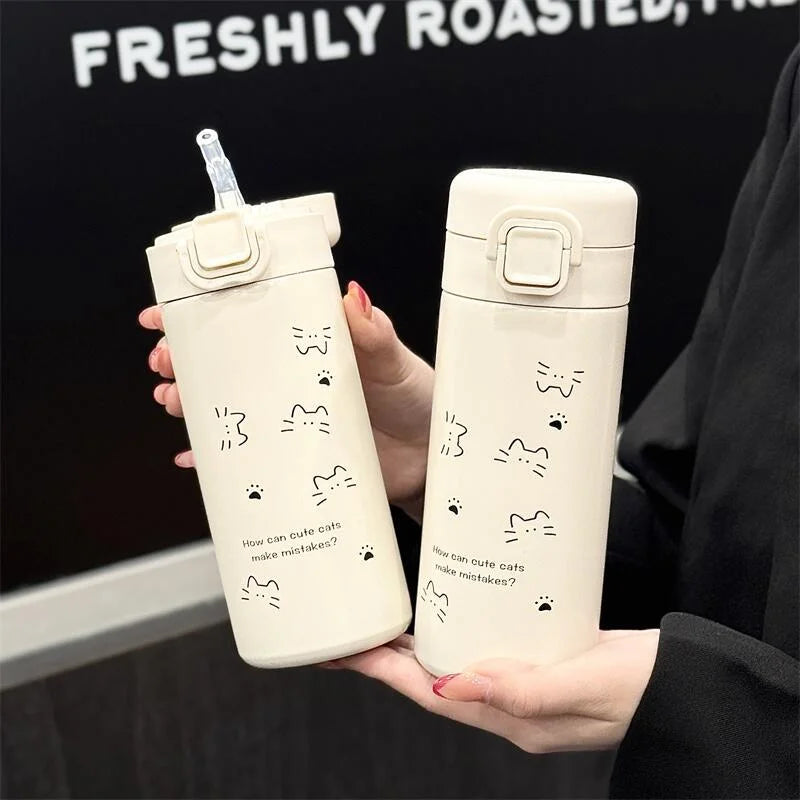 Simple Cute Cat Thermos Water Bottle with Straw Portable Stainless Steel Thermal Cup For Girl Kids Students Leak-proof Drinkware
