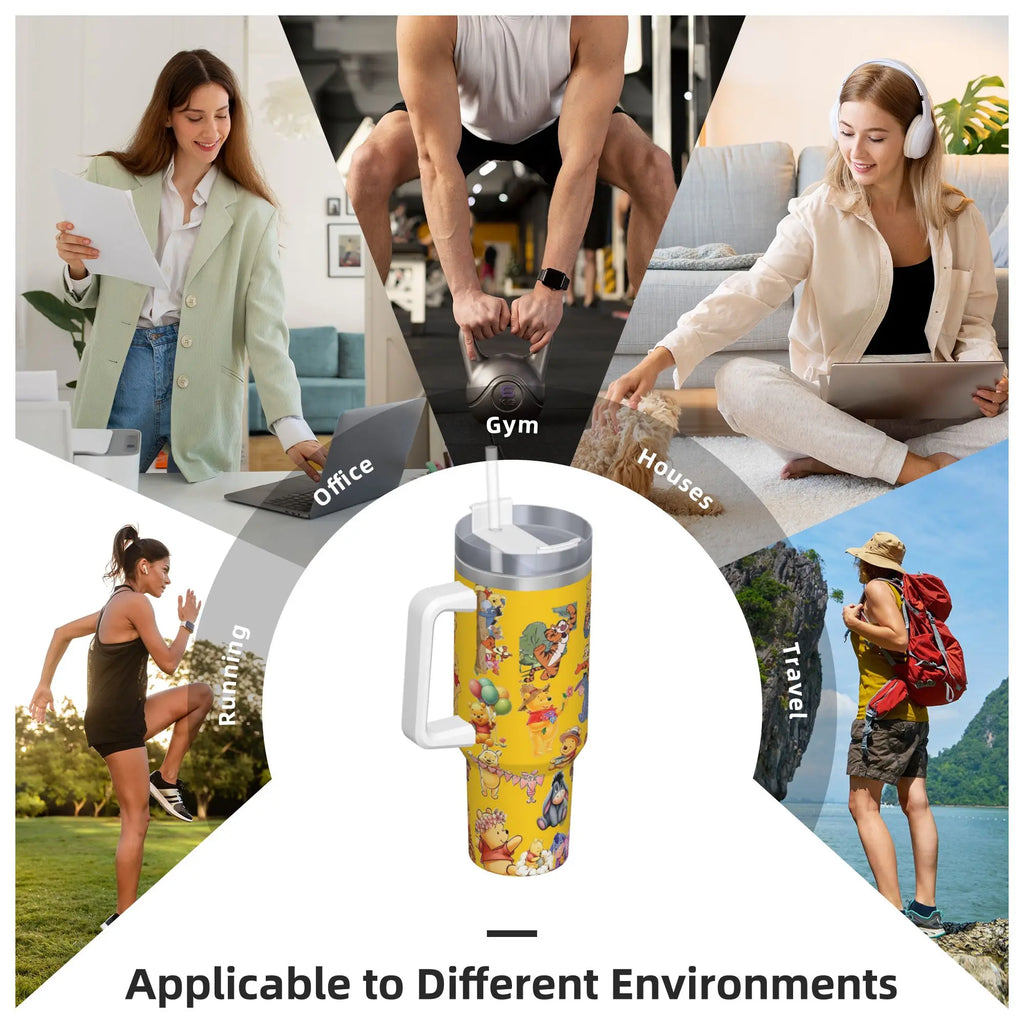Stainless Steel Tumbler Winnie Pooh Cute Car Mugs With Straws Cold Drink Water Bottle Portable Large Capacity Coffee Mug