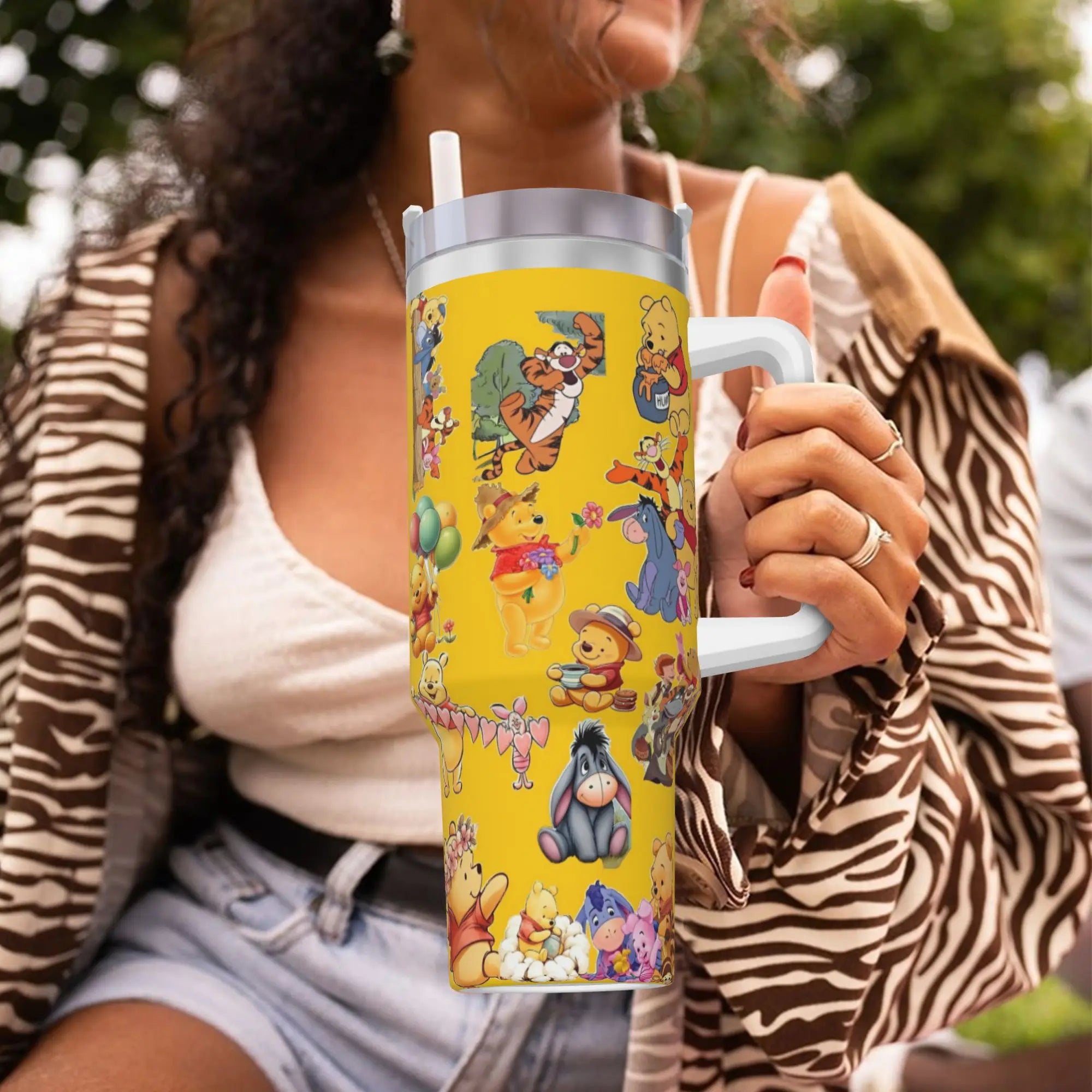 Stainless Steel Tumbler Winnie Pooh Cute Car Mugs With Straws Cold Drink Water Bottle Portable Large Capacity Coffee Mug