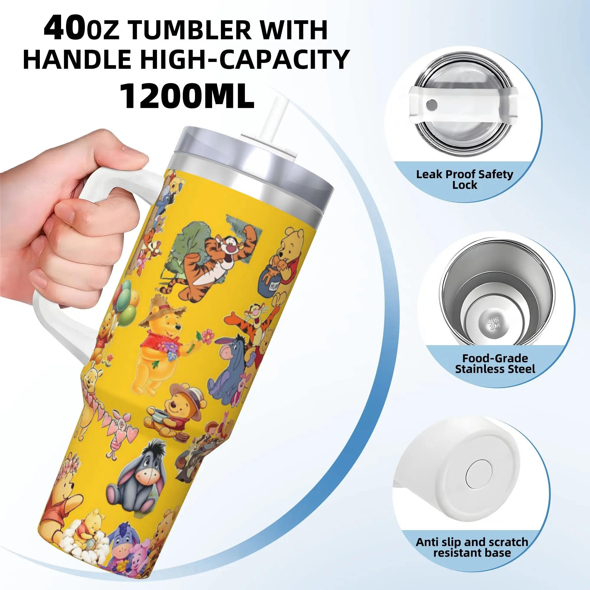 Stainless Steel Tumbler Winnie Pooh Cute Car Mugs With Straws Cold Drink Water Bottle Portable Large Capacity Coffee Mug