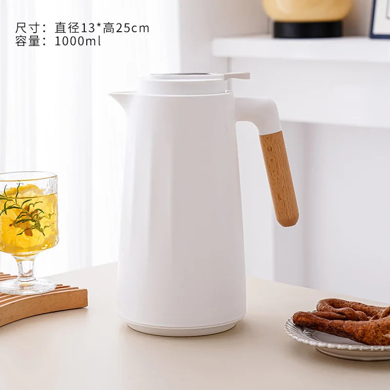 Home Office Thermos 1L Double Wall Hot Water Kettle with Wooden Handle