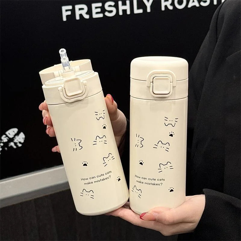 Simple Cute Cat Thermos Water Bottle with Straw Portable Stainless Steel Thermal Cup For Girl Kids Students Leak-proof Drinkware