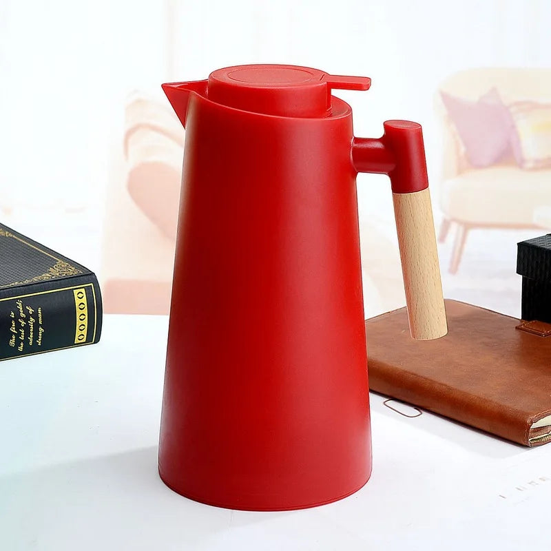 Home Office Thermos 1L Double Wall Hot Water Kettle with Wooden Handle