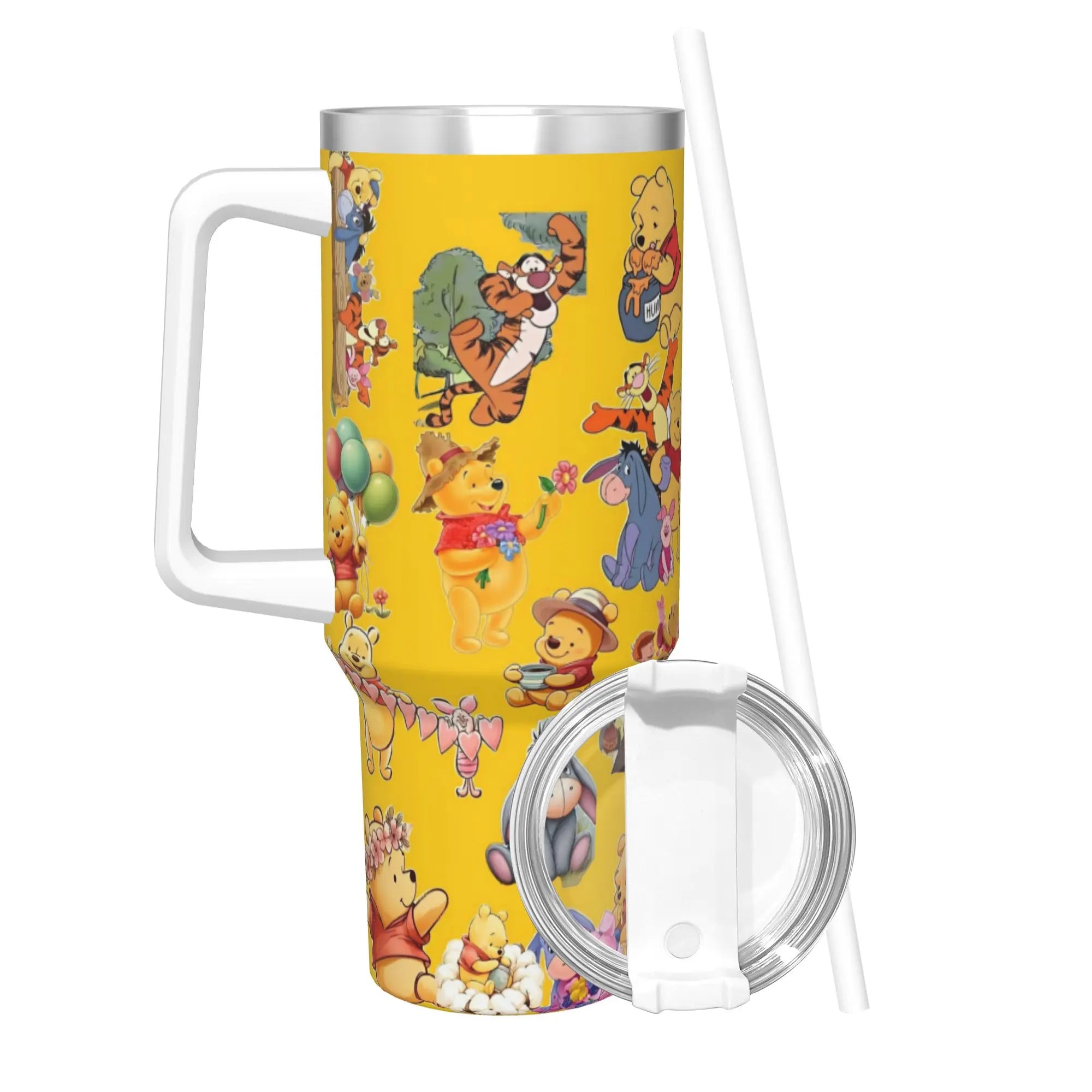 Stainless Steel Tumbler Winnie Pooh Cute Car Mugs With Straws Cold Drink Water Bottle Portable Large Capacity Coffee Mug