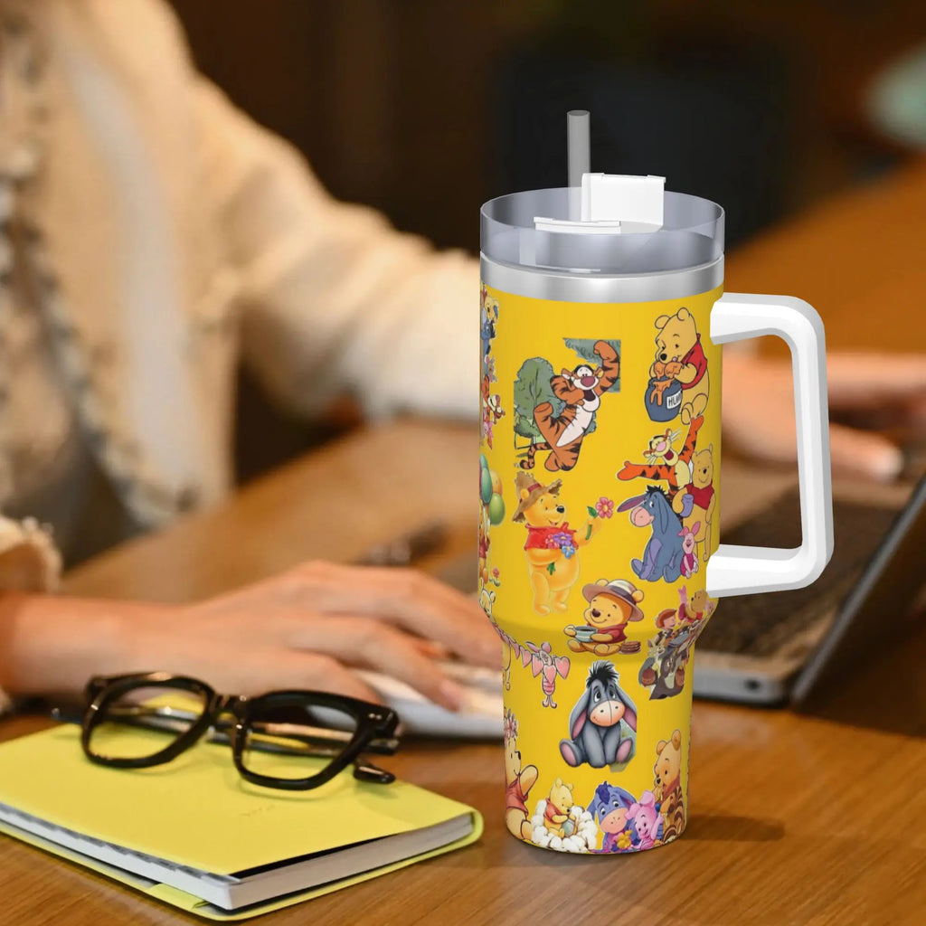 Stainless Steel Tumbler Winnie Pooh Cute Car Mugs With Straws Cold Drink Water Bottle Portable Large Capacity Coffee Mug