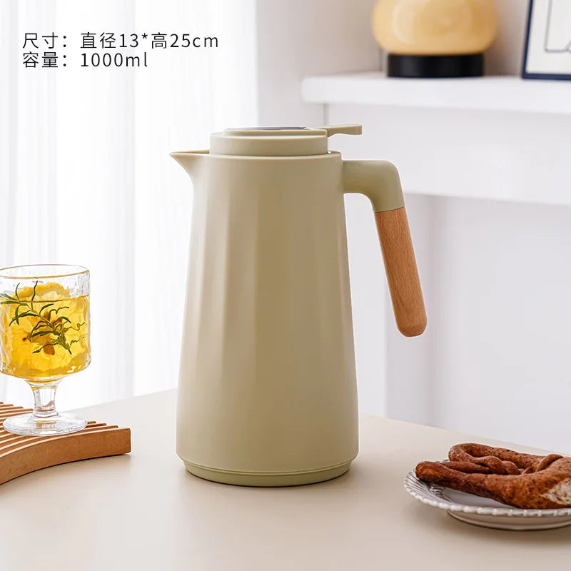 Home Office Thermos 1L Double Wall Hot Water Kettle with Wooden Handle