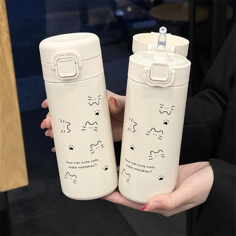 Simple Cute Cat Thermos Water Bottle with Straw Portable Stainless Steel Thermal Cup For Girl Kids Students Leak-proof Drinkware