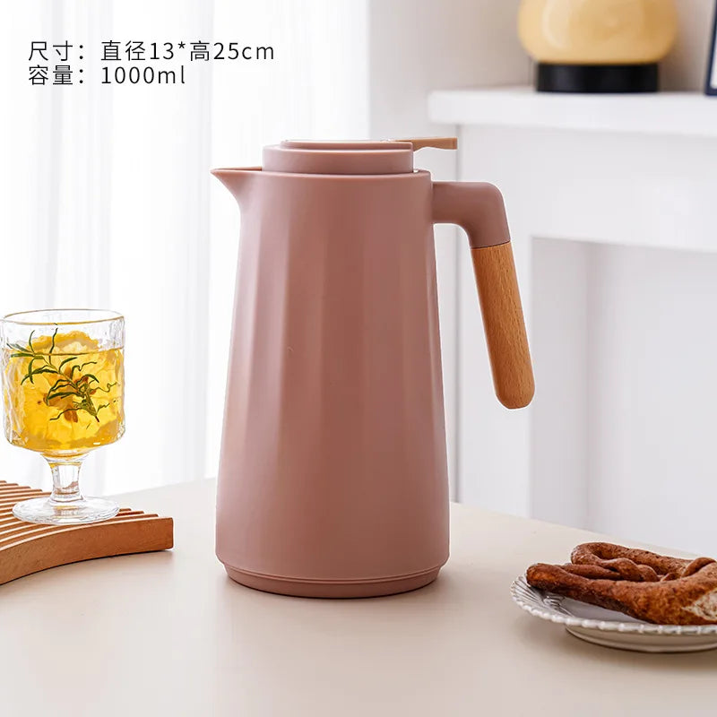 Home Office Thermos 1L Double Wall Hot Water Kettle with Wooden Handle