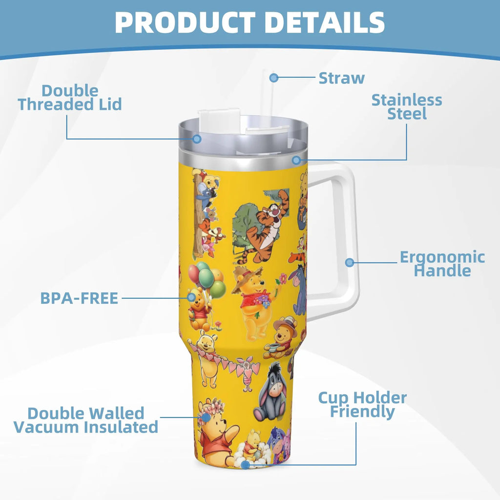 Stainless Steel Tumbler Winnie Pooh Cute Car Mugs With Straws Cold Drink Water Bottle Portable Large Capacity Coffee Mug