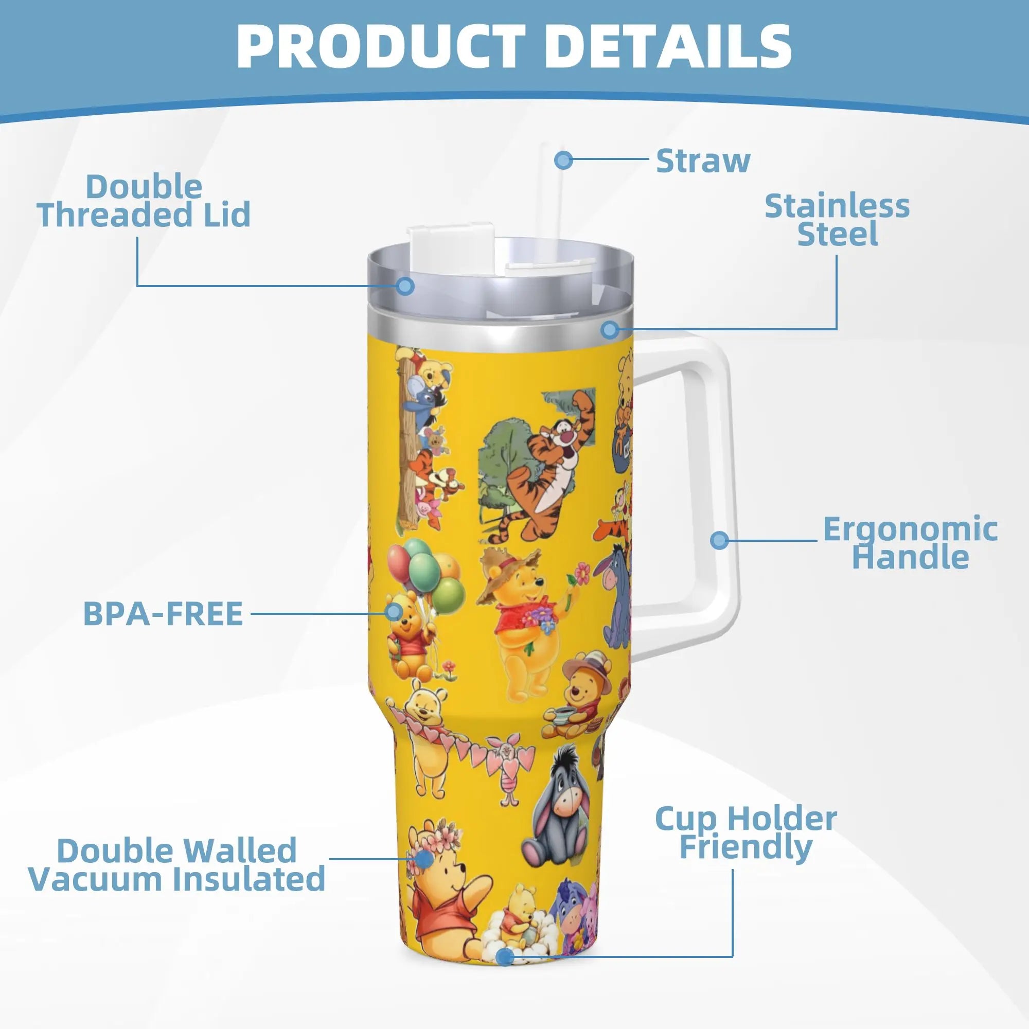 Stainless Steel Tumbler Winnie Pooh Cute Car Mugs With Straws Cold Drink Water Bottle Portable Large Capacity Coffee Mug