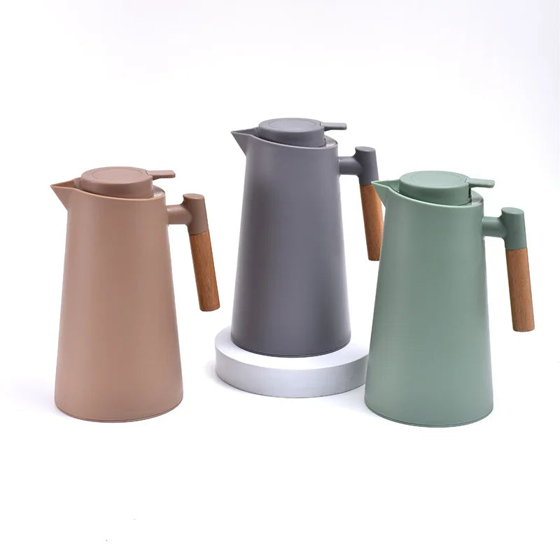 Home Office Thermos 1L Double Wall Hot Water Kettle with Wooden Handle
