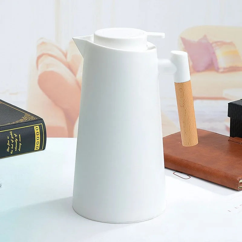 Home Office Thermos 1L Double Wall Hot Water Kettle with Wooden Handle