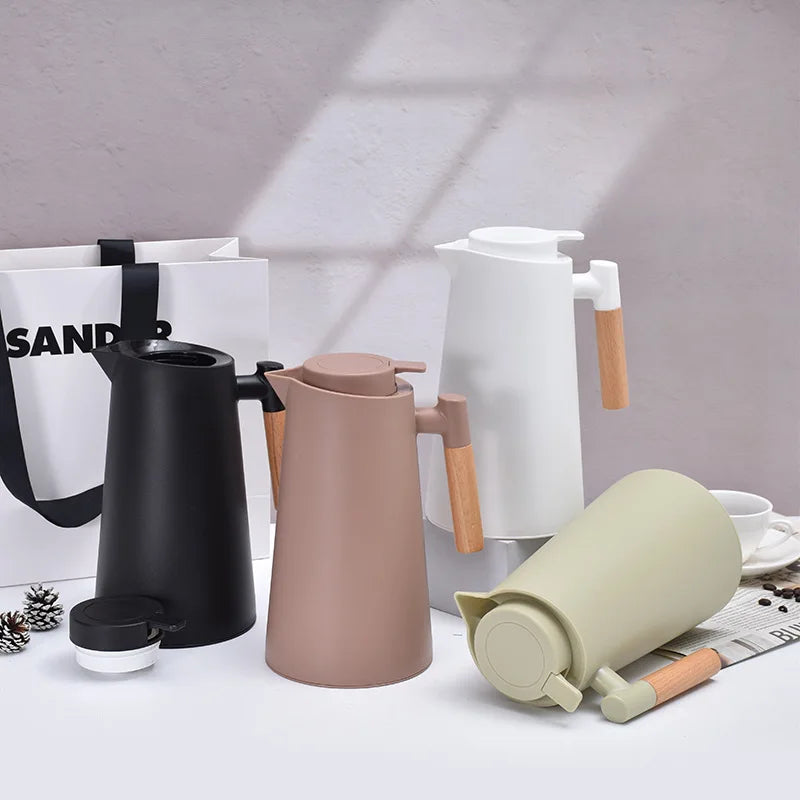 Home Office Thermos 1L Double Wall Hot Water Kettle with Wooden Handle