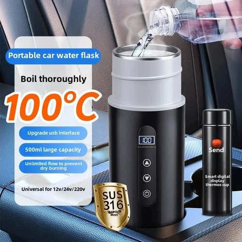 12V 24V Car Electric Heated Thermos 500ML, USB Heating Water Bottle, Portable Insulated Travel Cup for Driving & Work