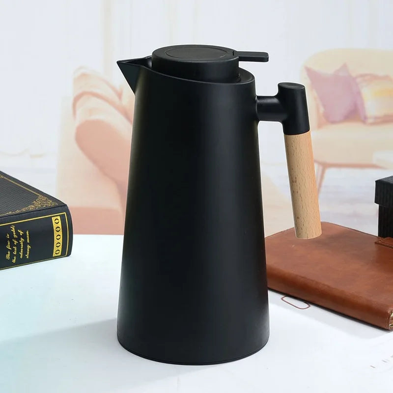Home Office Thermos 1L Double Wall Hot Water Kettle with Wooden Handle