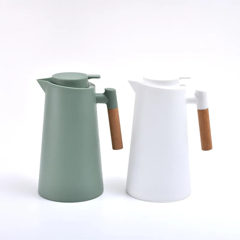 Home Office Thermos 1L Double Wall Hot Water Kettle with Wooden Handle