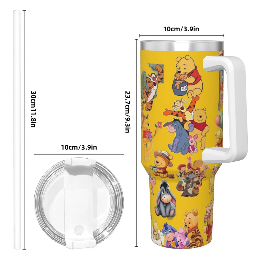 Stainless Steel Tumbler Winnie Pooh Cute Car Mugs With Straws Cold Drink Water Bottle Portable Large Capacity Coffee Mug