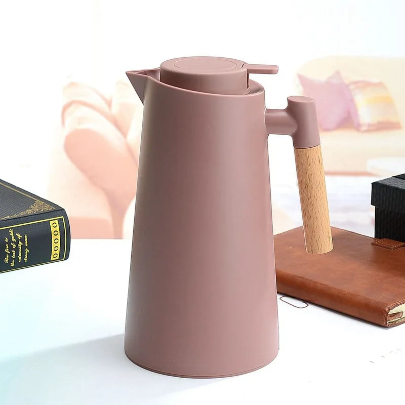 Home Office Thermos 1L Double Wall Hot Water Kettle with Wooden Handle