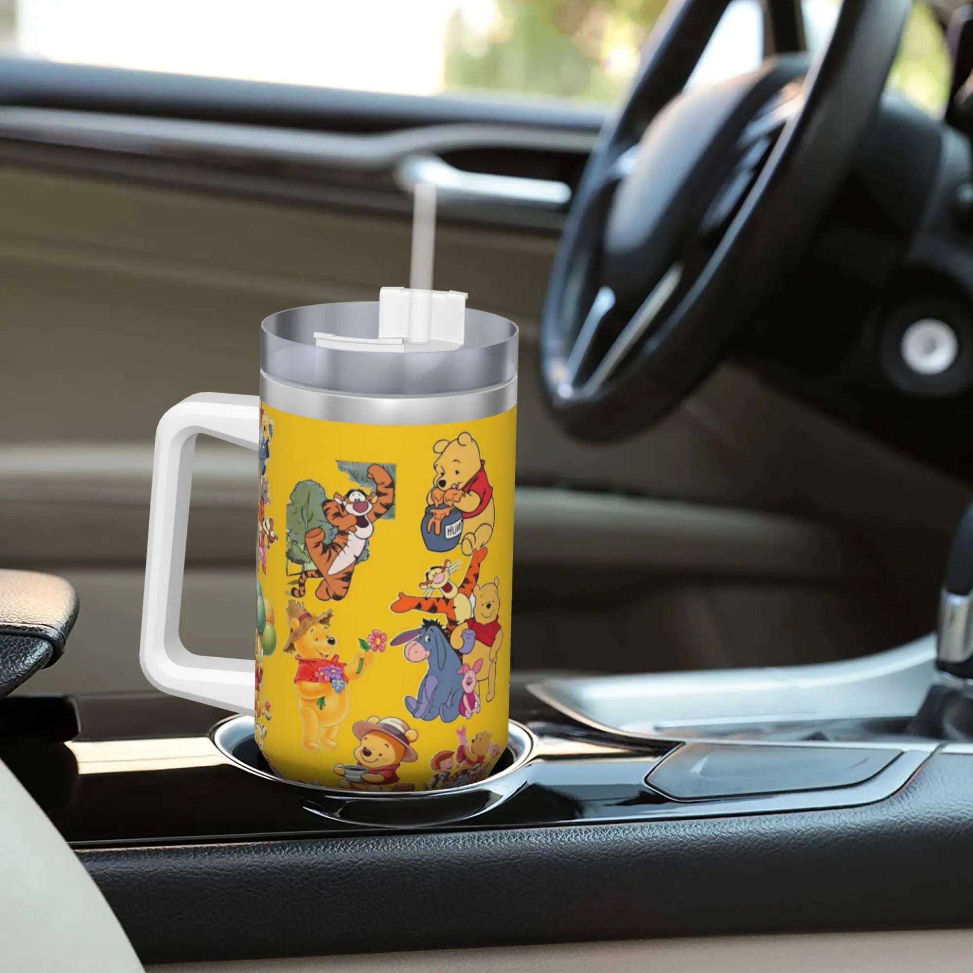 Stainless Steel Tumbler Winnie Pooh Cute Car Mugs With Straws Cold Drink Water Bottle Portable Large Capacity Coffee Mug