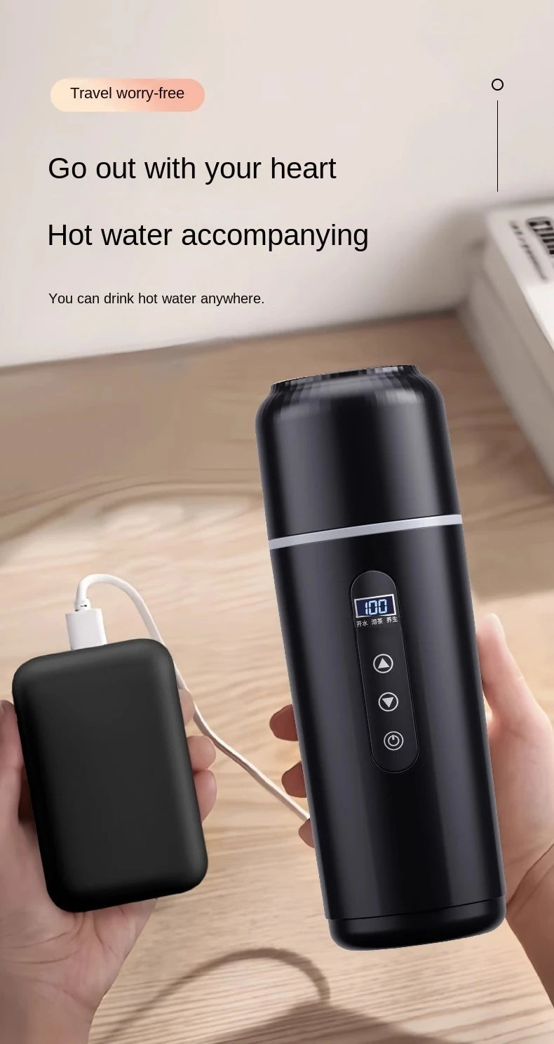 12V 24V Car Electric Heated Thermos 500ML, USB Heating Water Bottle, Portable Insulated Travel Cup for Driving & Work