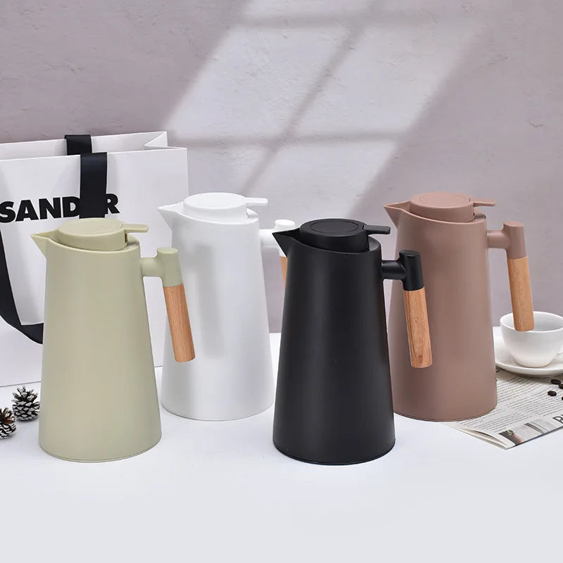 Home Office Thermos 1L Double Wall Hot Water Kettle with Wooden Handle