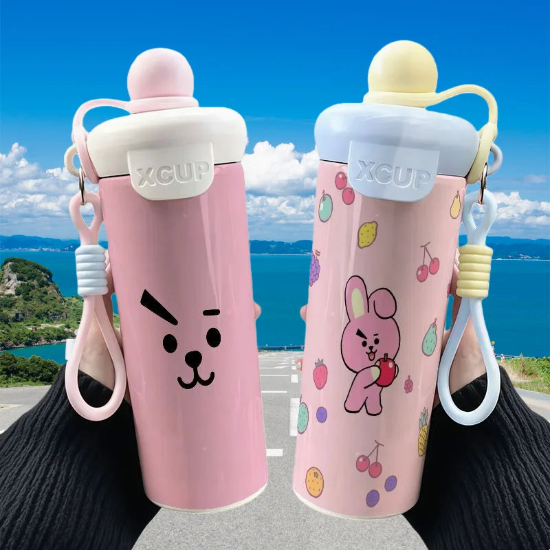 BT21 Cooky Thermos High Color Value Cartoon Animation Printing Large Capacity Portable Cute Floating Ball Straw Double Drink Cup