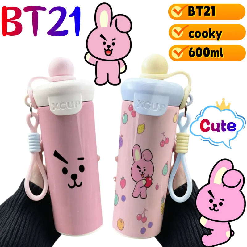 BT21 Cooky Thermos High Color Value Cartoon Animation Printing Large Capacity Portable Cute Floating Ball Straw Double Drink Cup
