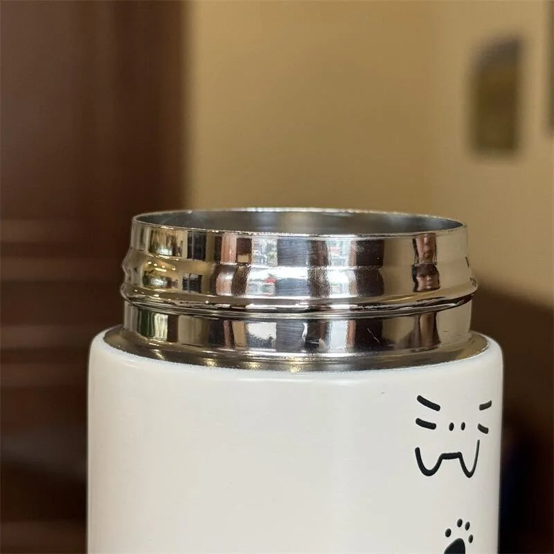 Simple Cute Cat Thermos Water Bottle with Straw Portable Stainless Steel Thermal Cup For Girl Kids Students Leak-proof Drinkware