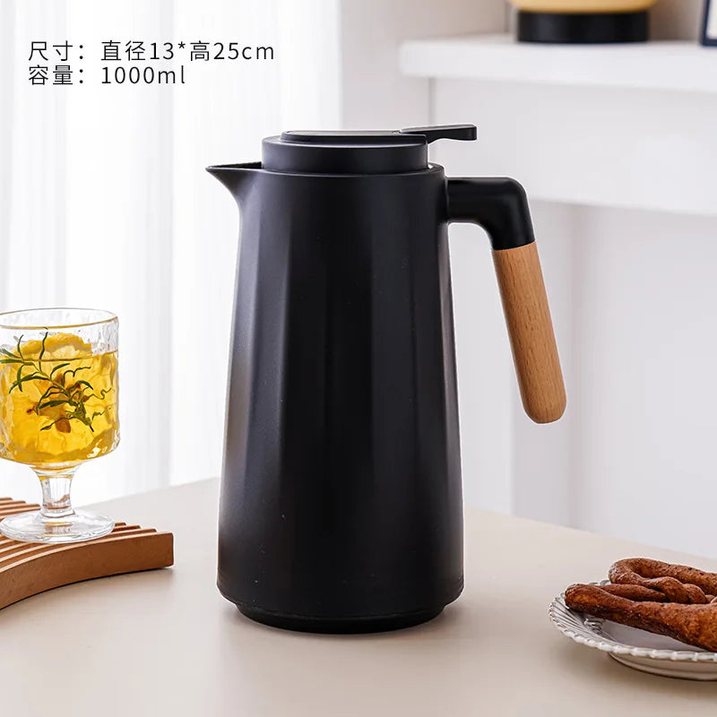 Home Office Thermos 1L Double Wall Hot Water Kettle with Wooden Handle