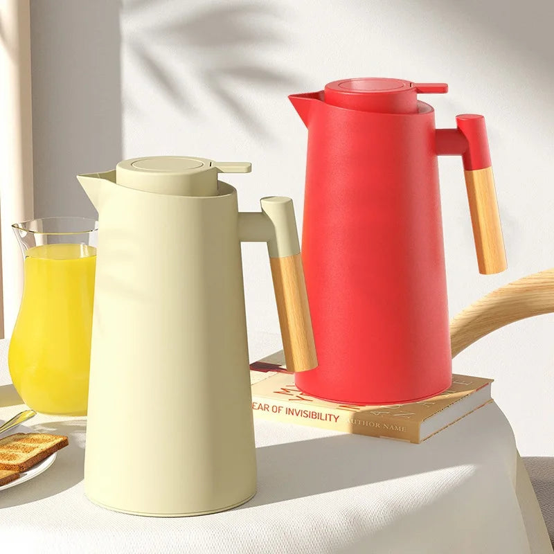 Home Office Thermos 1L Double Wall Hot Water Kettle with Wooden Handle