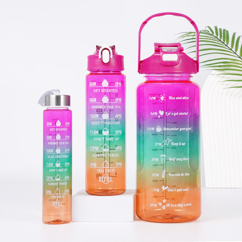 3 In 1 Gradient Color Motivational Water Bottles Set 64 Oz 32 Oz 15 Oz Outdoor