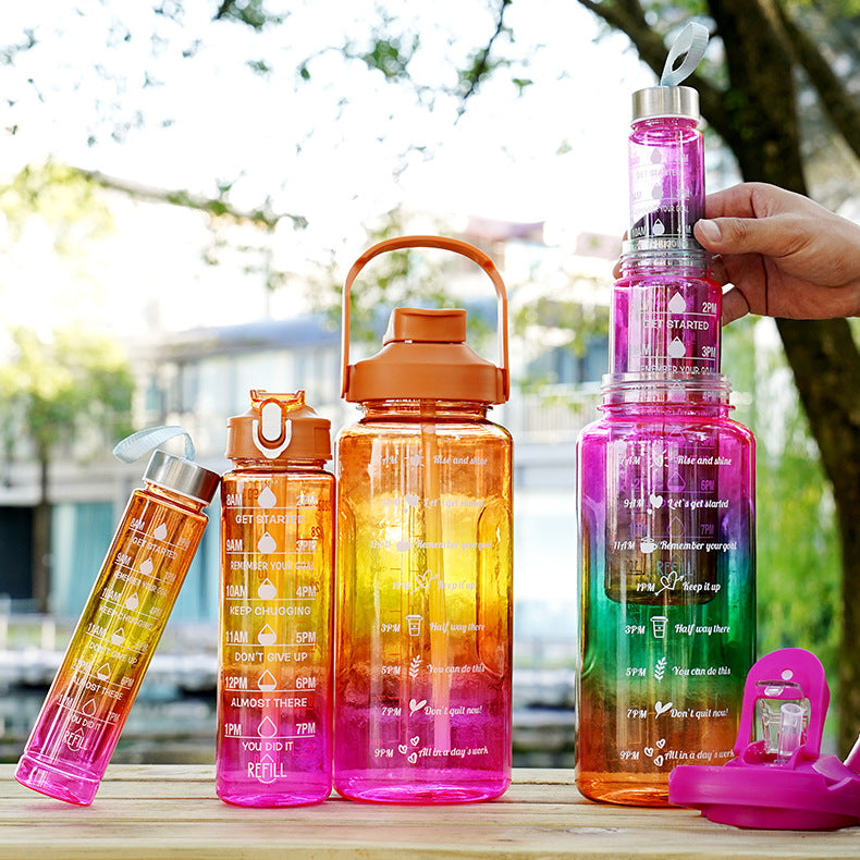 3 In 1 Gradient Color Motivational Water Bottles Set 64 Oz 32 Oz 15 Oz Outdoor