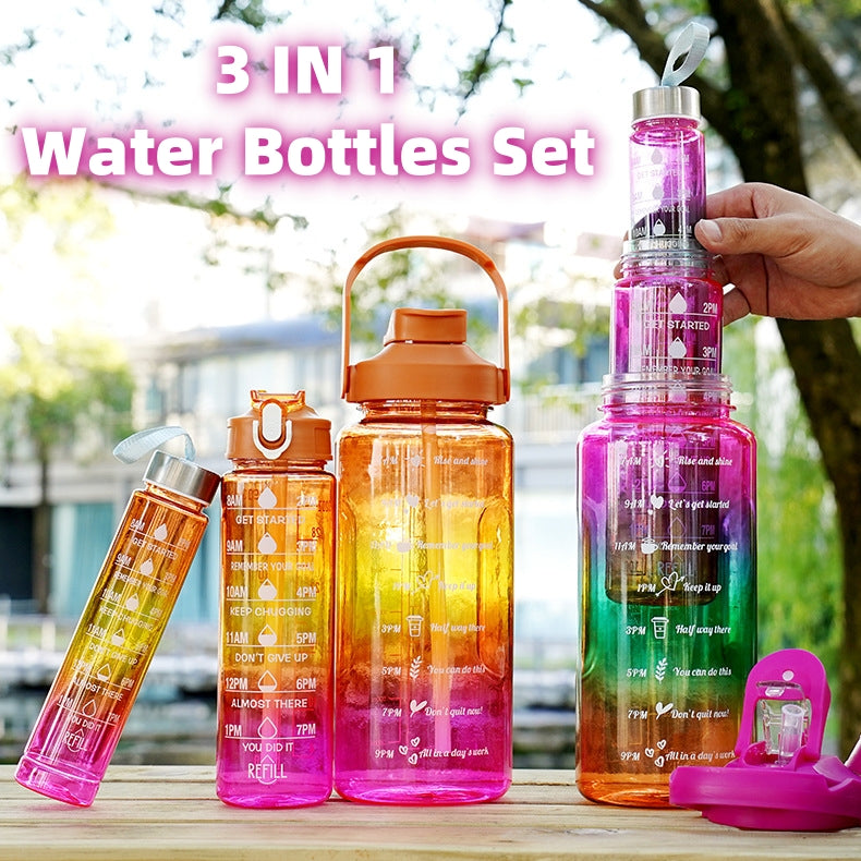 3 In 1 Gradient Color Motivational Water Bottles Set 64 Oz 32 Oz 15 Oz Outdoor