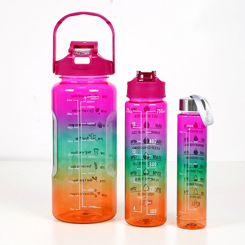 3 In 1 Gradient Color Motivational Water Bottles Set 64 Oz 32 Oz 15 Oz Outdoor